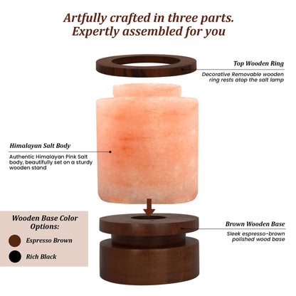 POHS Himalayan Pink Salt Round Lamp with Premium Brown Polished Wooden Base, 60'' Long Dimmer Switch Cord and Two Light Bulbs; Hand Crafted,for Home, Office and Gift for Christmas