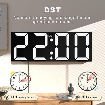 JALL 22" Large Digital Wall Clock, Big LED Number Dispaly, DST, Night Light for Classroom, Living Room, Bedroom, Mounted, Birthday Xmas Gift for Senior, Mem Womem Mom Dad, White