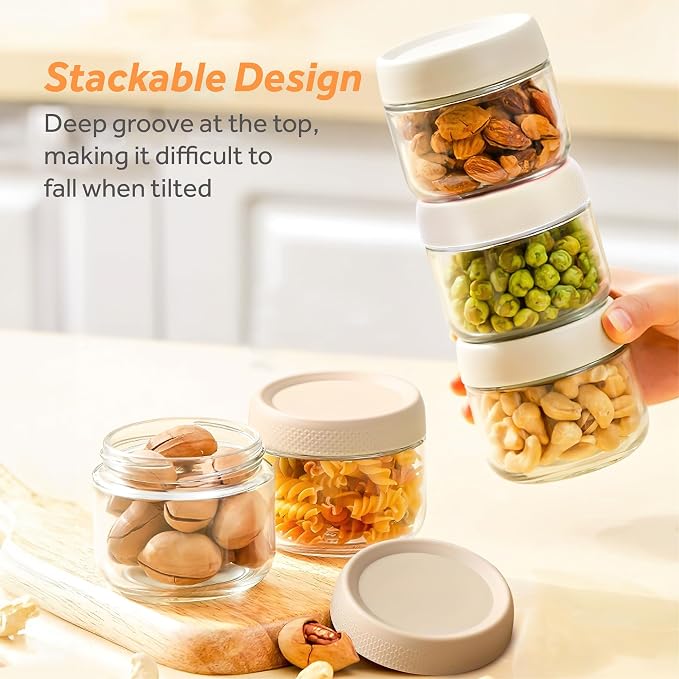 4 Pack Glass Clear Storage Canister with Airtight Lid, 12oz Overnight Oats Containers, Small Cute Decorative Pantry Jar for Snacks, Yogurt, Cereal, Fruit, Salad, Spice, Sugar, Coffee - Beige