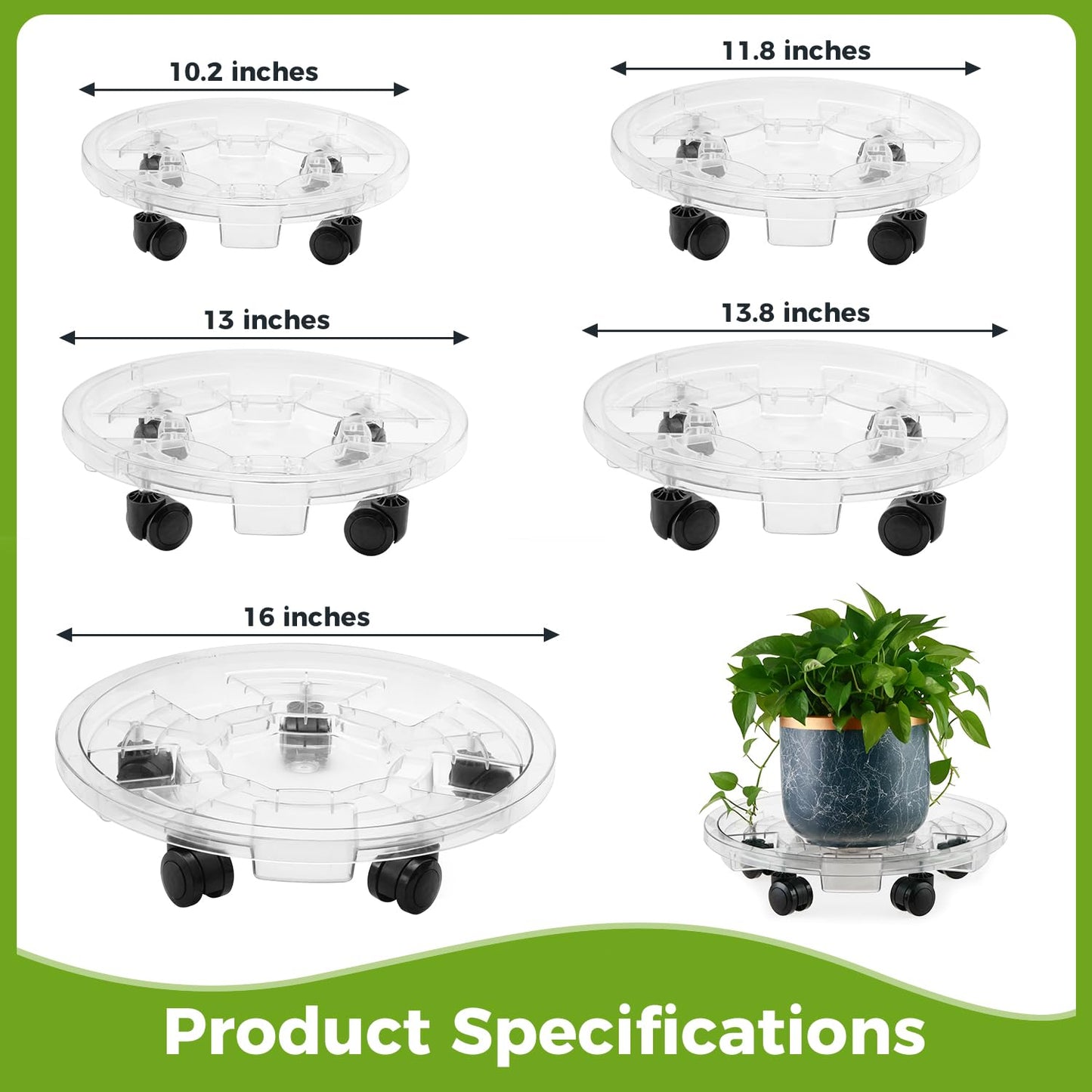 KvyusFlourish 4 Packs 16 Inches Extra-large Clear Plant Caddy Plant Saucers on Wheels Rolling Plant Stands Heavy-duty Plant Dolly Plastic Planter Roller Base Pot Movers Outdoor Plant Tray Coaster