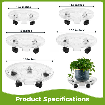 KvyusFlourish 4 Packs 13.8 Inches Large Clear Plant Caddy Plant Saucers on Wheels Rolling Plant Stands Heavy-duty Plant Dolly Plastic Planter Roller Base Pot Movers Outdoor Plant Tray Coaster