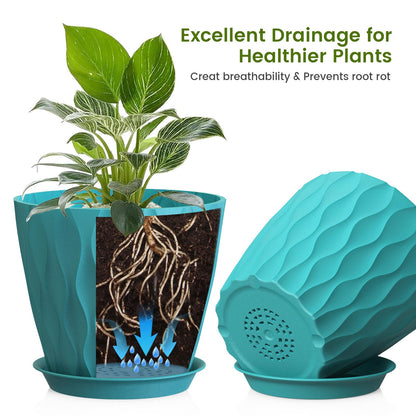 UOUZ 8 Inch Plant Pots, 4 Pack Plastic Planters for Indoor Outdoor with Drainage Holes & Saucers, Waffle Texture Flower Pots for Indoor Plants, Indoor Plant Pots for Monstera, Fiddle Leaf Fig Blue
