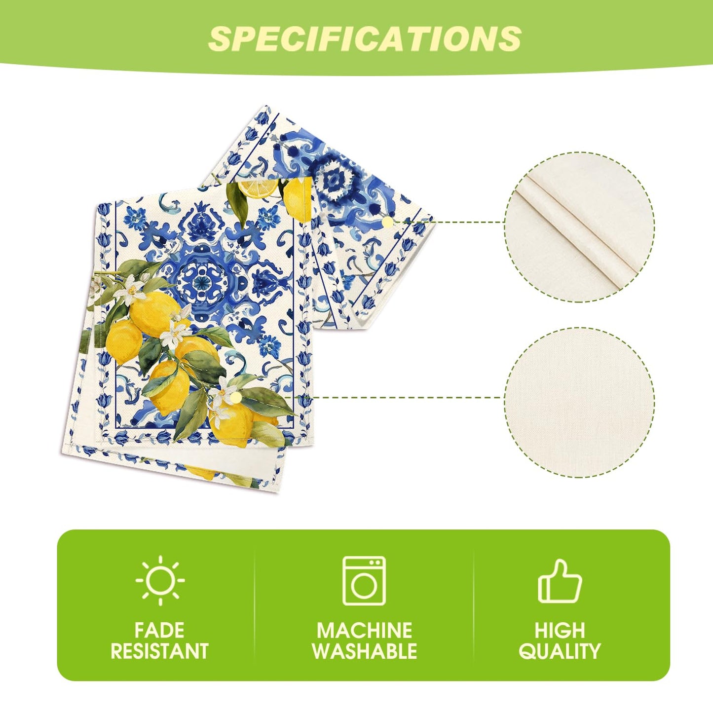Artoid Mode Lemon Blue and White Porcelain 210 GSM Summer Table Runner, Seasonal Spring Kitchen Dining Table Decoration for Home Party Decor 13x72 Inch