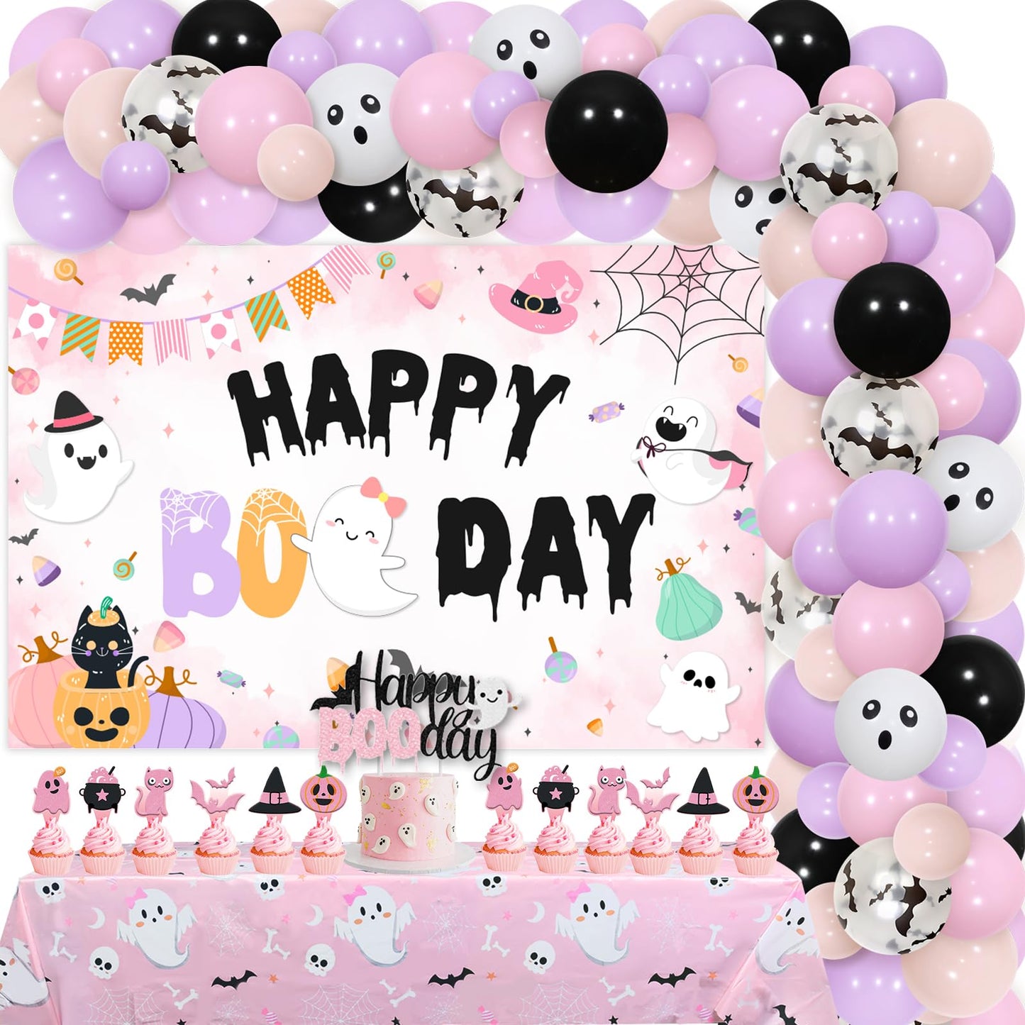 Balterever Happy Boo Day Party Decorations for Girl Pink Black Halloween Birthday Balloon Garland Kit with Happy Boo Day Backdrop Cake Cupcake Toppers Pink Halloween Tablecloth for Girl Bday Party