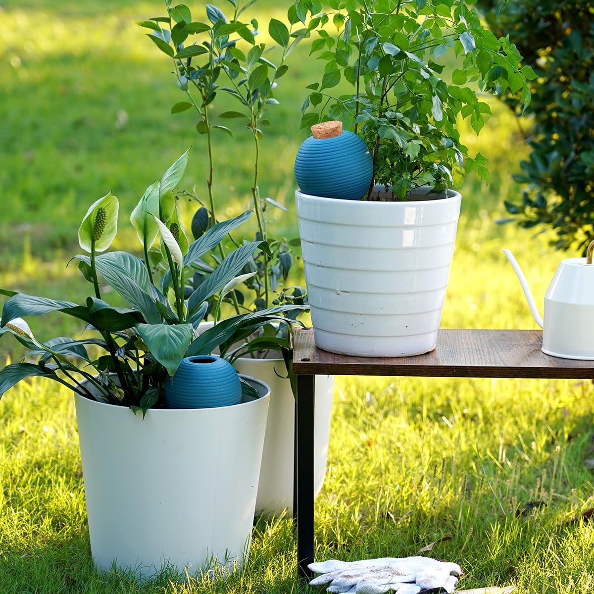 Plant Watering Globes Set of 4, 14oz Terracotta Self-Watering Globes for PottedPlants, Watering Planter Insert Bulbs with Cork Stoppers, Automatic Watering Spikes for Indoor&Outdoor Plants, Blue