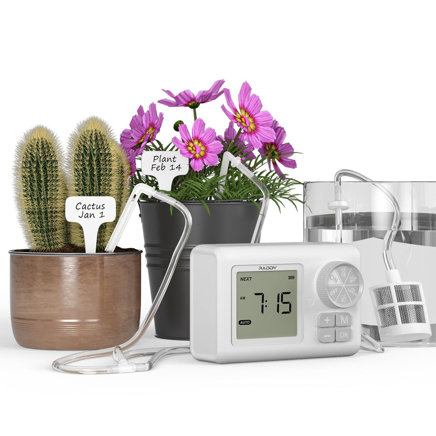 Raddy WS-64 Automatic Plant Waterer Indoor, Self Watering Drip Irrigation System for 15 Pot Plants, Programmable Timer, LCD Display, Rain Delay, IPX4 Waterproof, for Balcony Patio Greenhouse Grow Tent