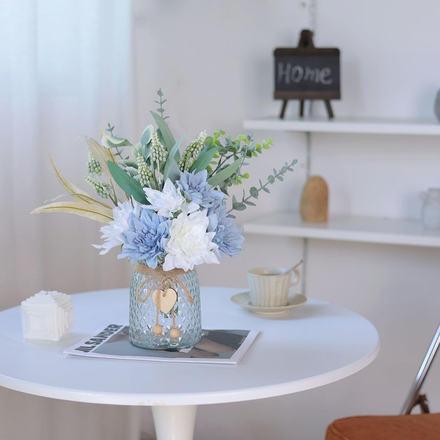 Faux Flowers with Vase,Artificial Silk Flowers in Vase, Fake Plant Eucalyptus and Willow,Flower Arrangement for Home Farmhouse Dining Table Centerpiece Decorations Coffee Table Decor (Dusty Blue)