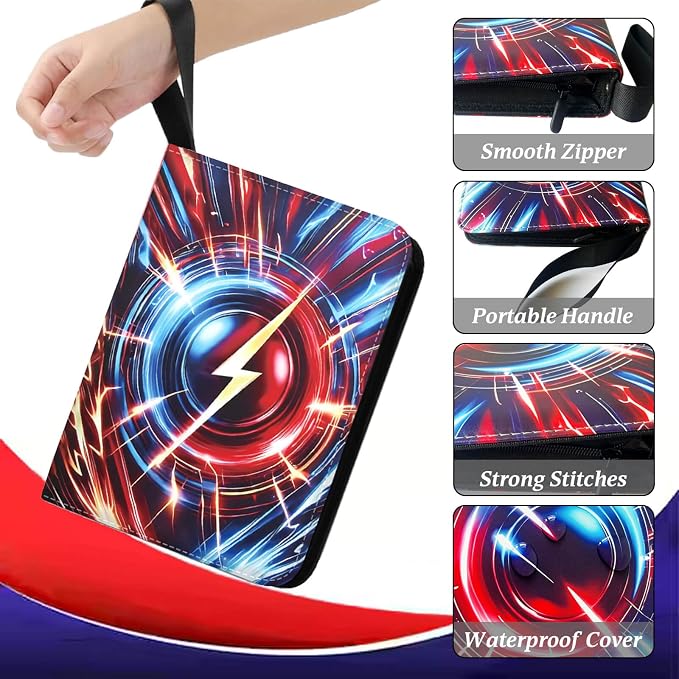 Card Binder 4 Pocket, 3 Ring Binder Holds 400 Cards for Card Collectors, Water-Resistant PU Cover with Zipper Closure for TCG, MTG & Sports Cards