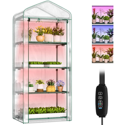 SUNYRISY Indoor Greenhouse with Grow Lights, 4 Tier Mini Small Greenhouse Kit with Zippered PVC Tent Cover for Indoor Garden Seed Starting Tray, 36W Full Spectrum with Timer