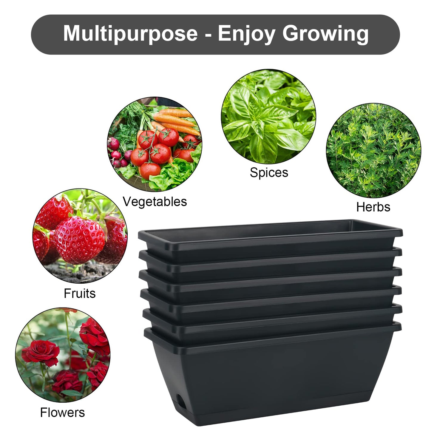 HOXHA Window Box Planter, 6 Pack 17inch Plastic Vegetable Flower Planter Boxes with Tray, Indoor Outdoor Flower Pots for Windowsill, Patio, Porch, Garden Balcony, Dark Gray