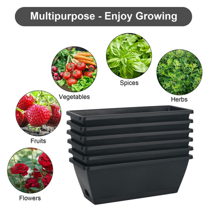 HOXHA Window Box Planter, 6 Pack 17inch Plastic Vegetable Flower Planter Boxes with Tray, Indoor Outdoor Flower Pots for Windowsill, Patio, Porch, Garden Balcony, Dark Gray