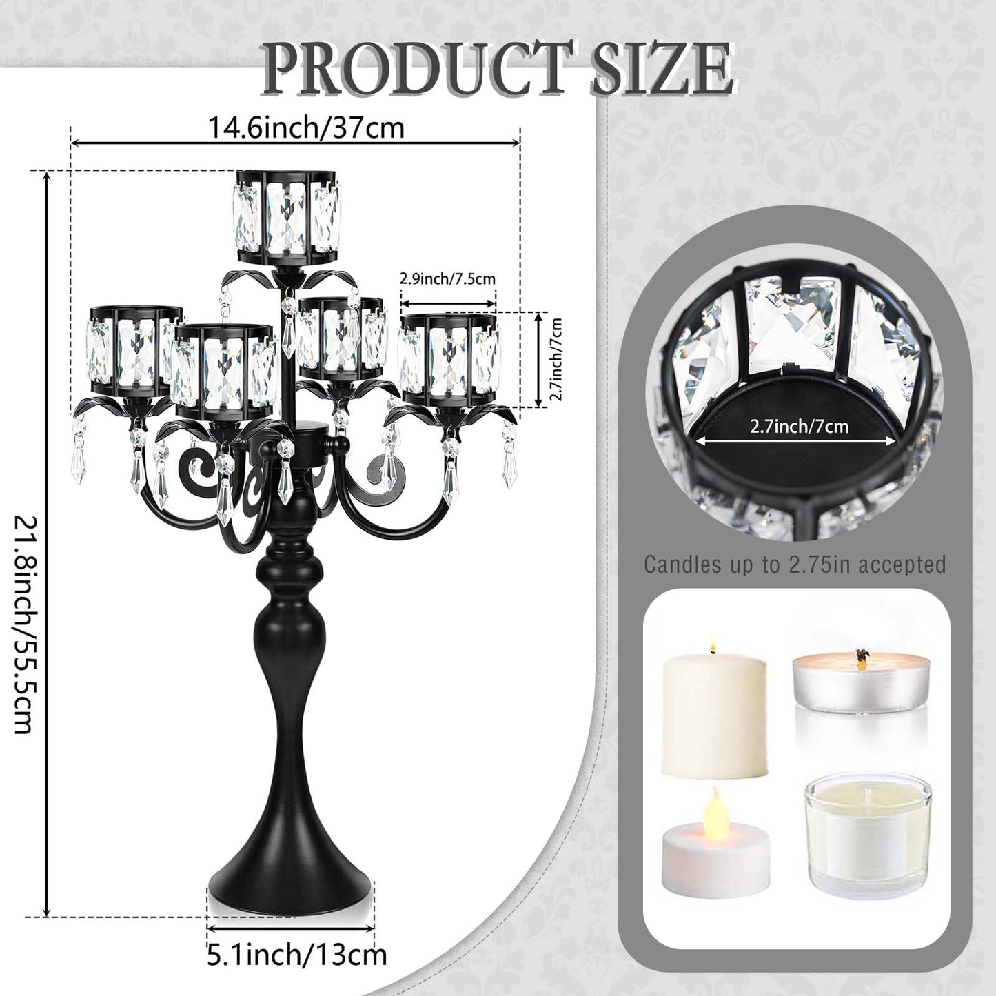 kolnlala 1PC Black 5-Arm Crystal Pendant Metal Candle Holder with Square Crystal Bowl, 22-Inch Tall Wedding Table Centerpiece for Holiday Party Events, Christmas, Birthday Decorations