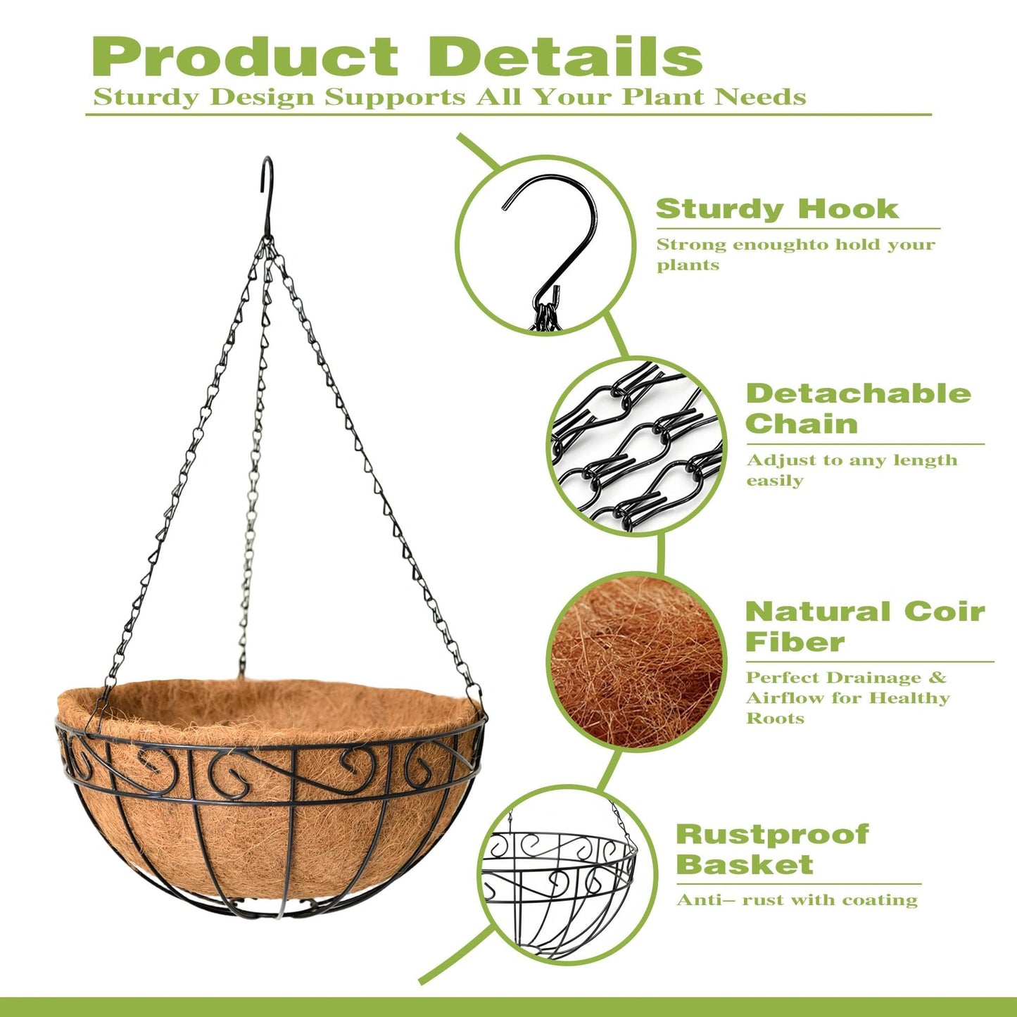 Qusuxi 4 Pack 10 Inch Hanging Baskets for Plants Outdoor Metal Hanging Planter Hanging Flower Baskets with Coco Fiber Liners Chain Round Wire Plant Holder Hangings Flower Pots(Plaid)