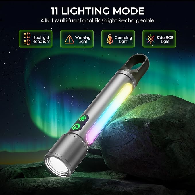 ADDplus Magnetic Flashlight Rechargeable,2000LM 5000mAh Flashlights High Lumens with 18 Modes,Waterproof, Adjustable,Powerful Flash Light,Multi-Flashlights for Home,Car,Hiking,Camping (1, Silver)
