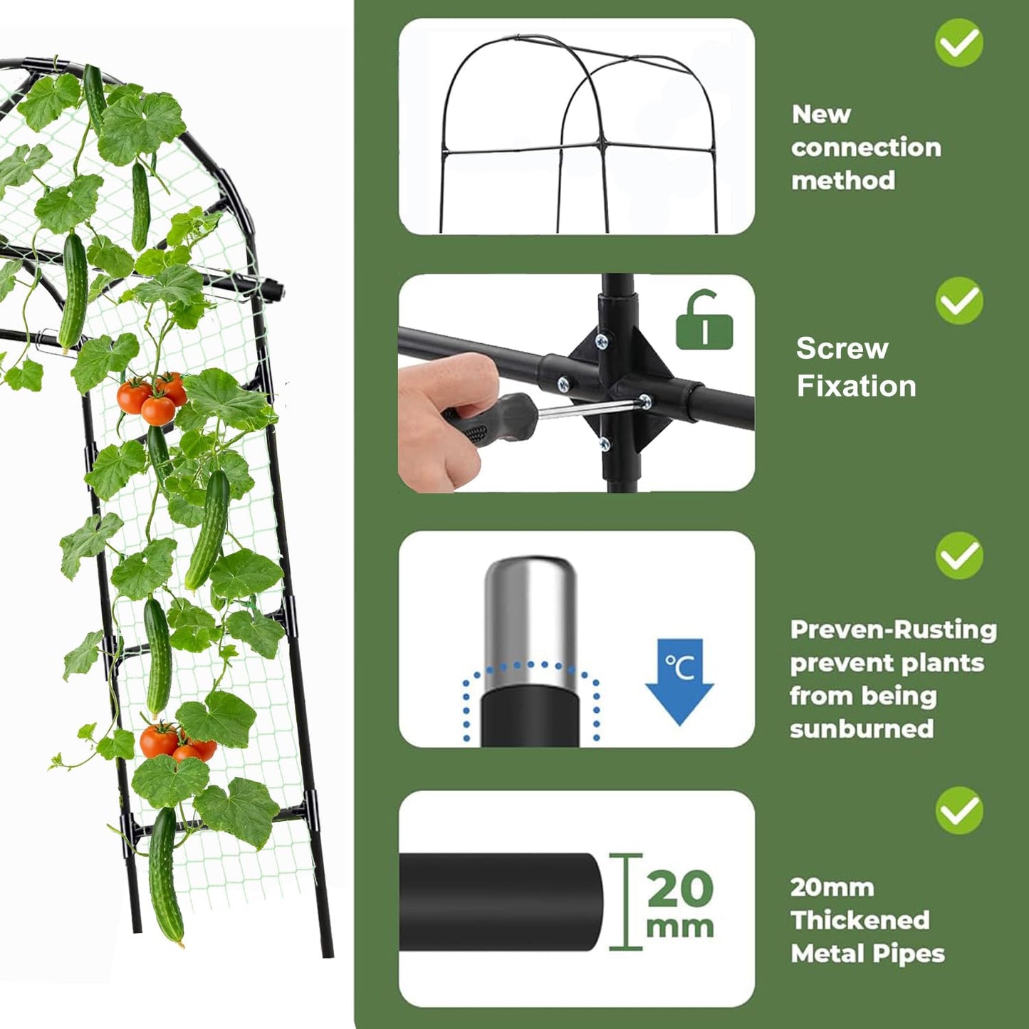 Garden Arch Trellis for Climbing Plants Outdoor - (Black, 81x36x32in) Cucumber Trellis for Raised Bed with Net, Garden Trellis for Climbing Plants, Cucumber, Vegetable, Tomato, Flowers 20mm Thick