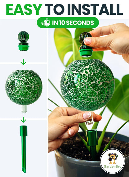 16 Oz Plant Watering Globes for Indoor Plants with Metal Self Watering Planter Insert - Premium XL Glass Hand-Blown Globe - Automatic Plant Waterer Indoor, Gift Idea for Gardeners [1 Globe, Mosaic]