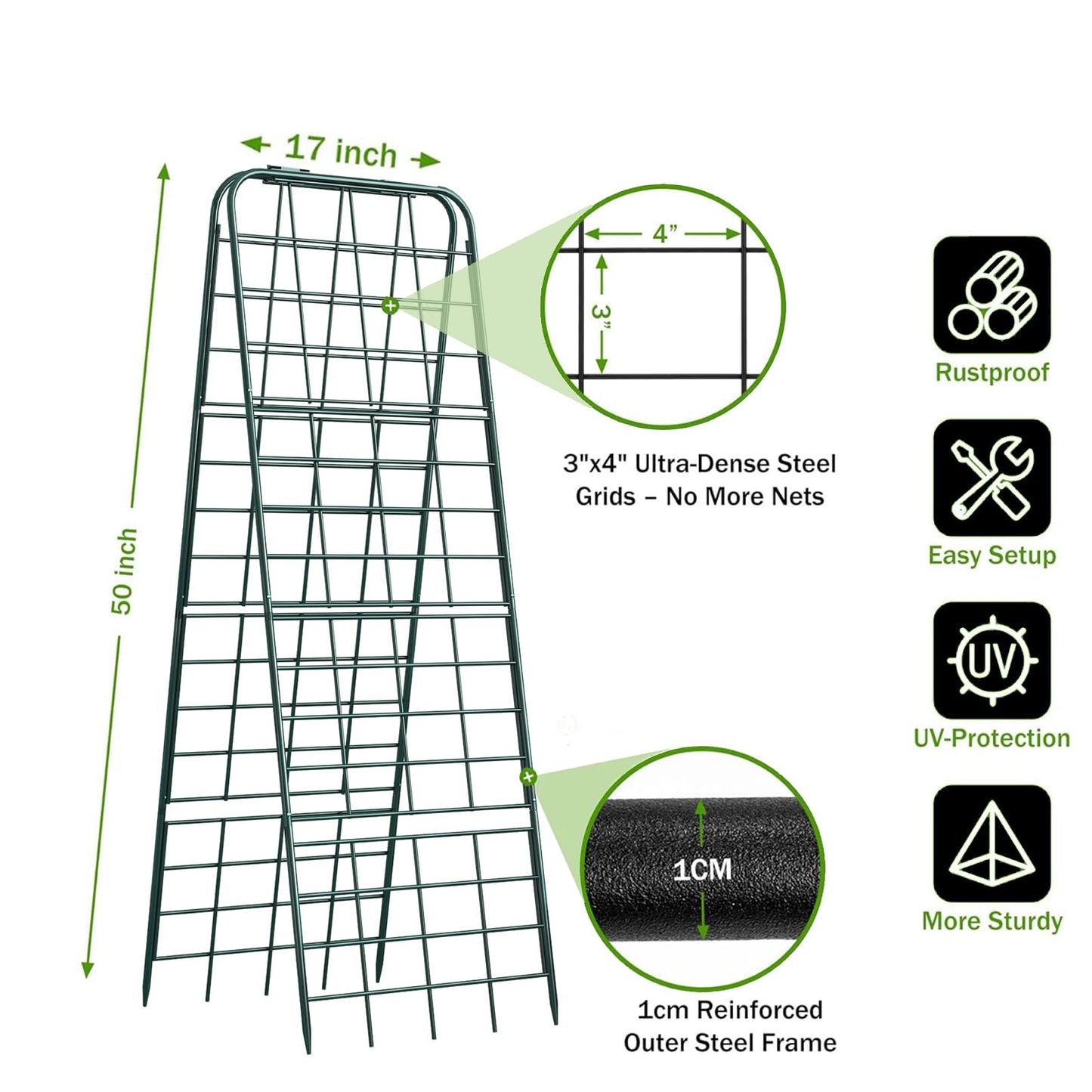 Heavy Duty 50"x17" Adjustable A-Frame Trellis for Climbing Plants – Rust-Proof Metal Garden Trellis with Dense Grid Design, Perfect for Raised Beds, Tomatoes, Cucumbers & Outdoor Vines (Green, 2 Pcs)
