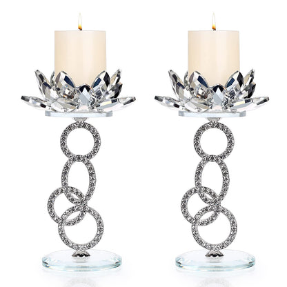 OwnMy Set of 2 Crystal Lotus Flower Candle Holders Metal Glass Lotus Pillar Candlestick Holders, Silver Crystal Lotus Tealight Candlesticks Votive Candle Stands for Wedding Table Centerpiece, 7.5" H