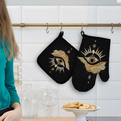 Mingnei Tarot Evil Eye Halloween Oven Mitts and Pot Holders Set, Heat Resistant Potholder Kitchen Decor for Cooking Baking BBQ Grilling, Goth Tarot Oven Glove Set, Gothic Witchy Gifts