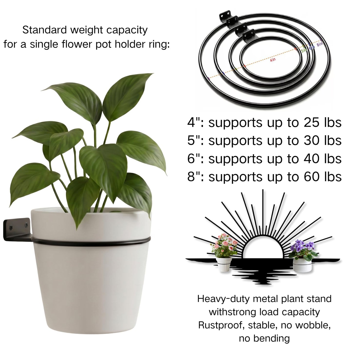Glethua Sunrise Metal Wall Mount Plant Holder, Sun Wall Plant Holder, Sunshine Metal Hanging Planter for Living Room, Kitchen, Bathroom (Gold, 59"x 35"| 150x89cm, 4 Pack 4" Flower Pot Holder Ring)