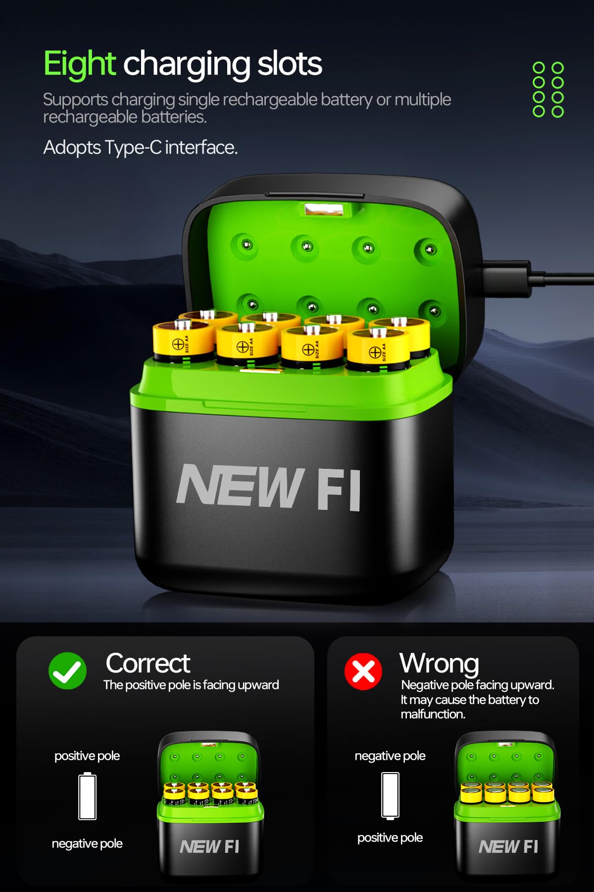 Portable 8-Bay AA/AAA Battery Charger with USB-C Input - Compact Travel Charger for AA/AAA Rechargeable Batteries, Fast Charge in Car/Home, Compatible with Li-ion NiMH NiCd
