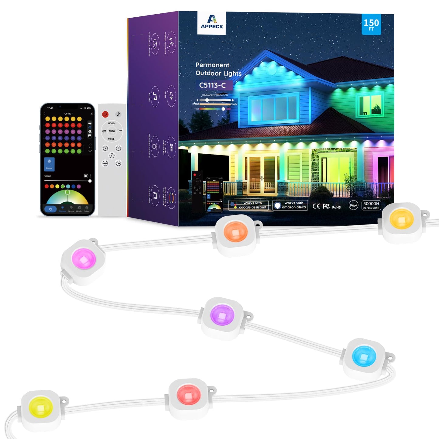 Permanent Outdoor Lights 150ft,RGBW Eaves Light with 108 LED Lights,111+ Scenes Modes Outdoor Lighting, Waterproof Permanent Light for Daily Holiday Halloween Decorations, Compatible with Alexa,White