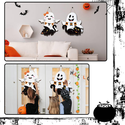 Leinuosen 2 Pcs Halloween Ghost Witch Door Sign Boo Decorations Front Door Hanger Wreath Decor Black Cat Pumpkin Wooden Hanging Sign for Party Supplies (Ghost)