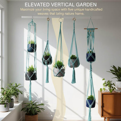 Macravine 5-Pack Boho Plant Hangers, Indoor Hanging Basket for Pot, Hanging Planters for Balcony/Home/Window/Porch, Ceiling, Boho-Chic Home Decor, Mint Blue, 40" 50" 63" (No Pot & Plant Included)