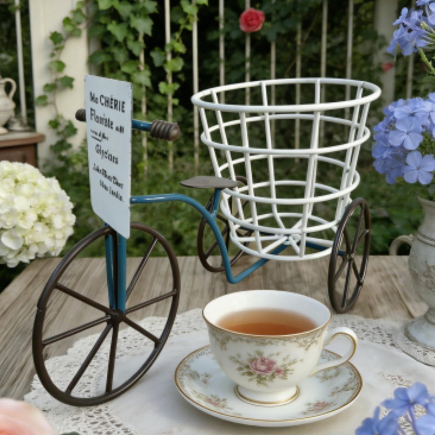 EINCORN Beautiful Iron Tricycle Flower Pots Holder Container with Deeping Basket for Living Room Indoor Outdoor Garden Decoration Beautiful Iron Tricycle Flower Pots Holder Container