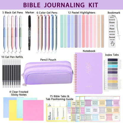 Bible Study Supplies Journaling Kit for Women,Office School Supply Set with Large Pen Case,Bible Study Journal Notebook,No-Bleed Highlighters and Pens,Sticky Notes,Bible Tabs Bookmark (purple)