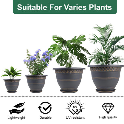 Usocik 10 Inch Plaid Plant Pots 4 Pack with Drainage and Saucers Copper