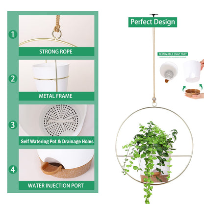 Superb Symbols 3 Pack Boho Hanging Planter with Metal Plant Hanger & Self Watering Plant Pots for Indoor Outdoor Wall Window