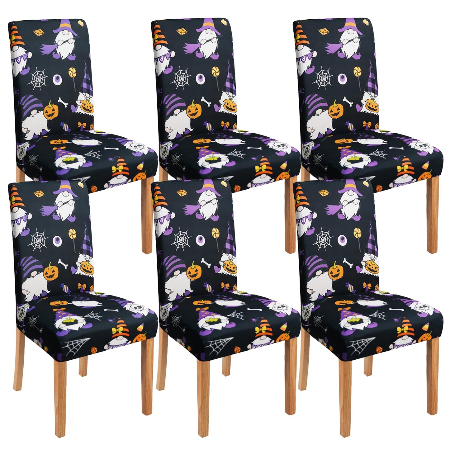 qwpmvhsak Halloween Chair Covers Set of 6, Scary Pumpkin Gnome Dining Chair Protectors, Black Elastic Removable Washable Dining Chair Covers for Halloween Kitchen Restaurant Holiday Decor
