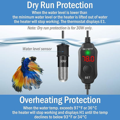 Super Mini Aquarium Heater 20W Betta Heater for 2-4 Gallon Tanks, Small Fish Tank Heater Turtle Heater with Dry-Run/Overheat Protection, Memory Function