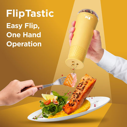 Kitchen Mama FlipTastic Rechargeable Salt and Pepper Grinder – Gravity Electric Grinder, Pepper Mill, Adjustable Coarseness, One-Hand Operation, Refillable Salt and Pepper Mill for Kitchen (Yellow)