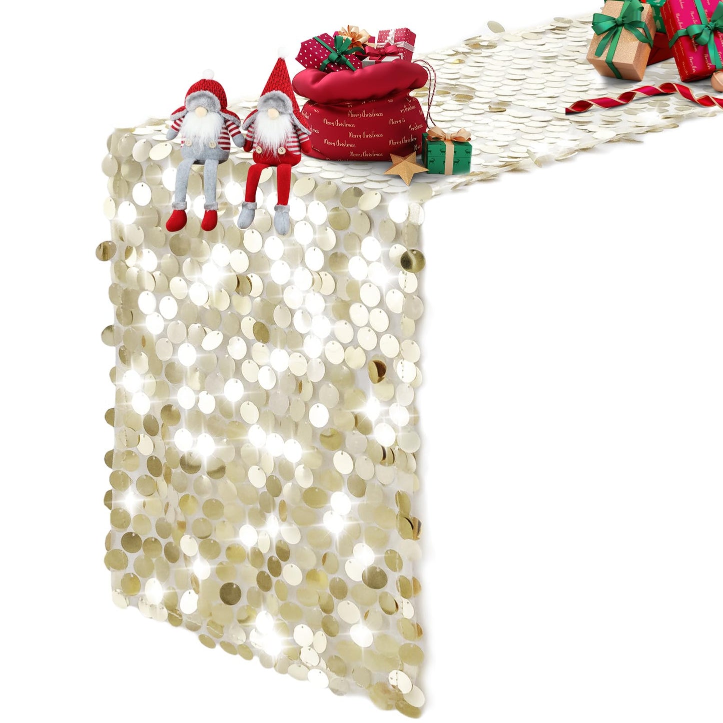 Pufogu 12 x 108 Inch Sequin Table Runner, Champagne Glitter Premium Big Sequin Table Runner, Rectangle Table Runners for Halloween, Christmas, Wedding Party, Birthday Party, Banquet Decor (1 Pack).