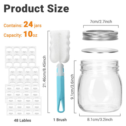 DHSBTLS Glass Regular Mouth Mason Jars, 24 Pack 10 oz Glass Canning Jars with Silver Aluminum Lids and Bands, Airtight Jars for Food Storage, Canning, Overnight Oats, Fermenting, Pickling, Decor
