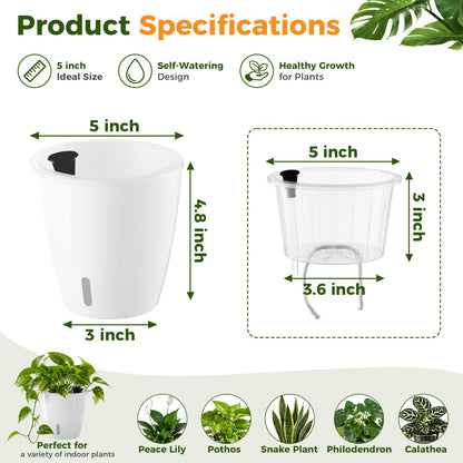 KvyusFlourish Upgraded Self Watering Pots for Indoor Plants, 4-Pack 5 Inch Top-Fill Self Watering Planter with Water Window, Orchid Pots, Clear Wick Inner Basket with Drainage, White