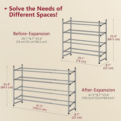 Tajsoon Expandable Shoe Rack for Closet 4 Tier, 29“-41“Adjustable & Stackable Shoe Shelf Storage, Metal Shoe Rack Organizer for Front Door Entrance, Closet, Garage, Entryway, Grey