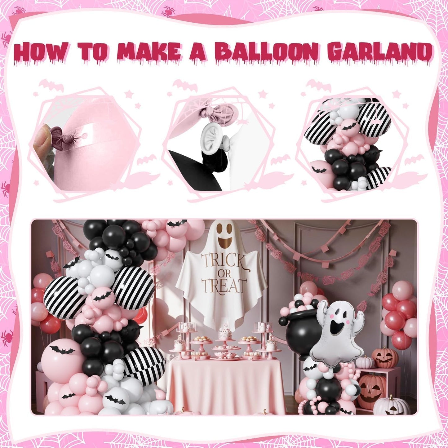 Pink Black White Halloween Balloon Garland Kit,118pcs Pastel Halloween Ghost Striped Foil Balloon Arch with 3D Bats for Girl Kawaii Spooky One Birthday Backdrop Baby Shower Birthday Party Decorations