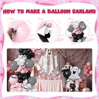 Pink Black White Halloween Balloon Garland Kit,118pcs Pastel Halloween Ghost Striped Foil Balloon Arch with 3D Bats for Girl Kawaii Spooky One Birthday Backdrop Baby Shower Birthday Party Decorations