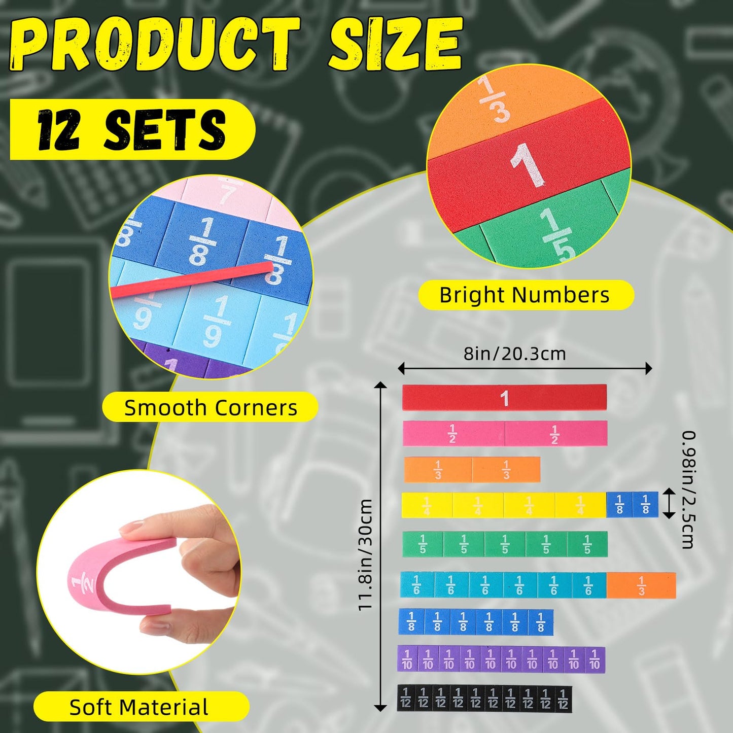 Sayglossy 12 Sets Fraction Tiles Set for Classroom Rainbow 11.8 x 8 in Fraction Strips Bars Math Manipulatives Montessori Math Materials for Home Learning School Educational (Muted Color)