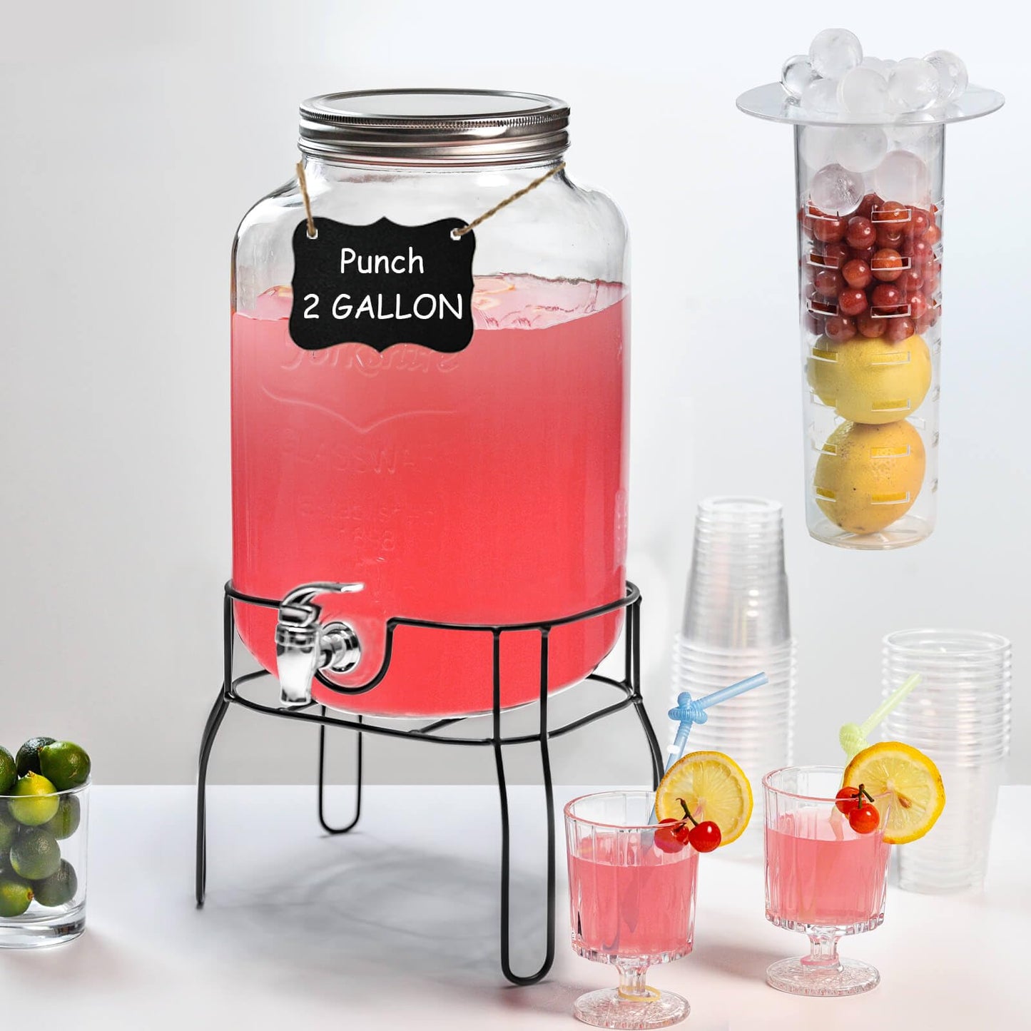 2 Gallon Glass Drink Dispensers for Parties, Sun Tea Glass Jar for Outside Beverage Dispenser with Stand+Lid 2 Press-Spigots(Easy for kids) Fruit Infuser, Beverage Dispensers-Mason Jar