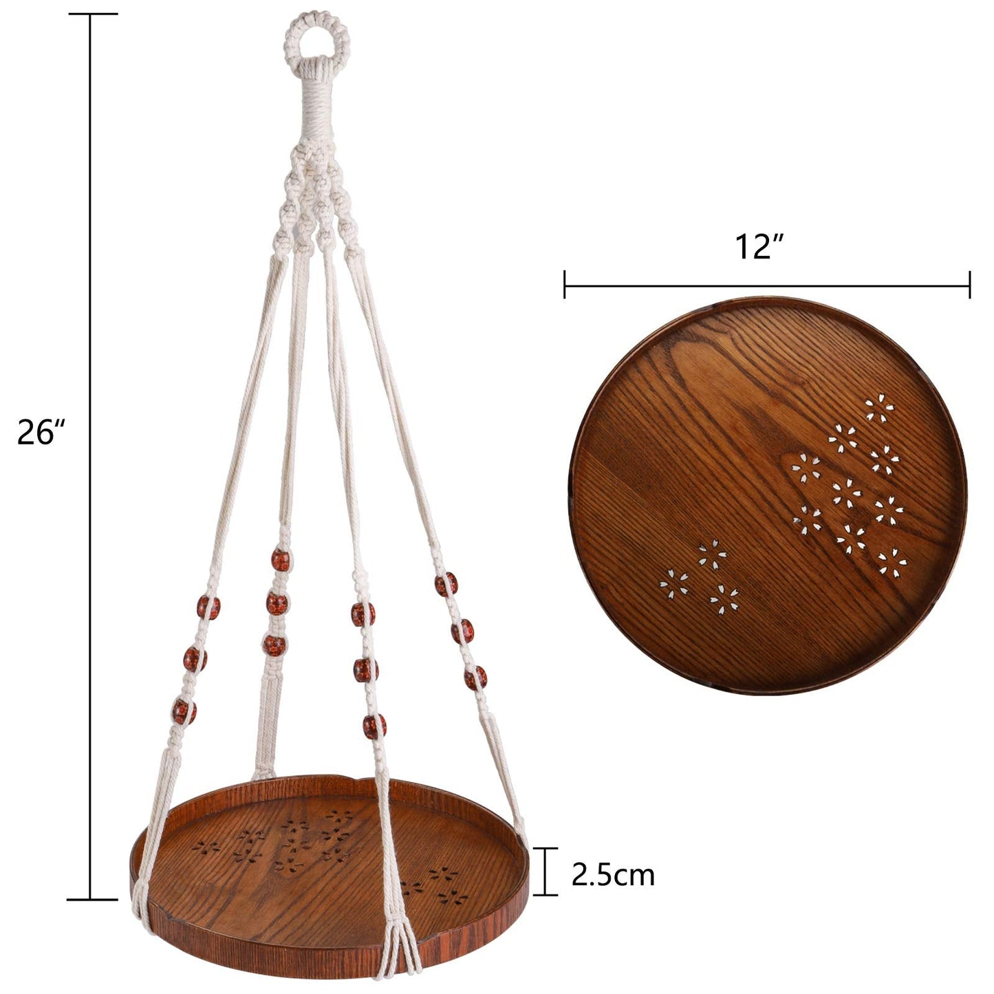 Hedume Macrame Plant Hanger with 2 Pack Ceiling Hooks, Indoor Outdoor Hanging Plant Holder with Large Tray for Succulents, Cacti, Small Plants, Boho Bohemian Home Decor with Wood Beads