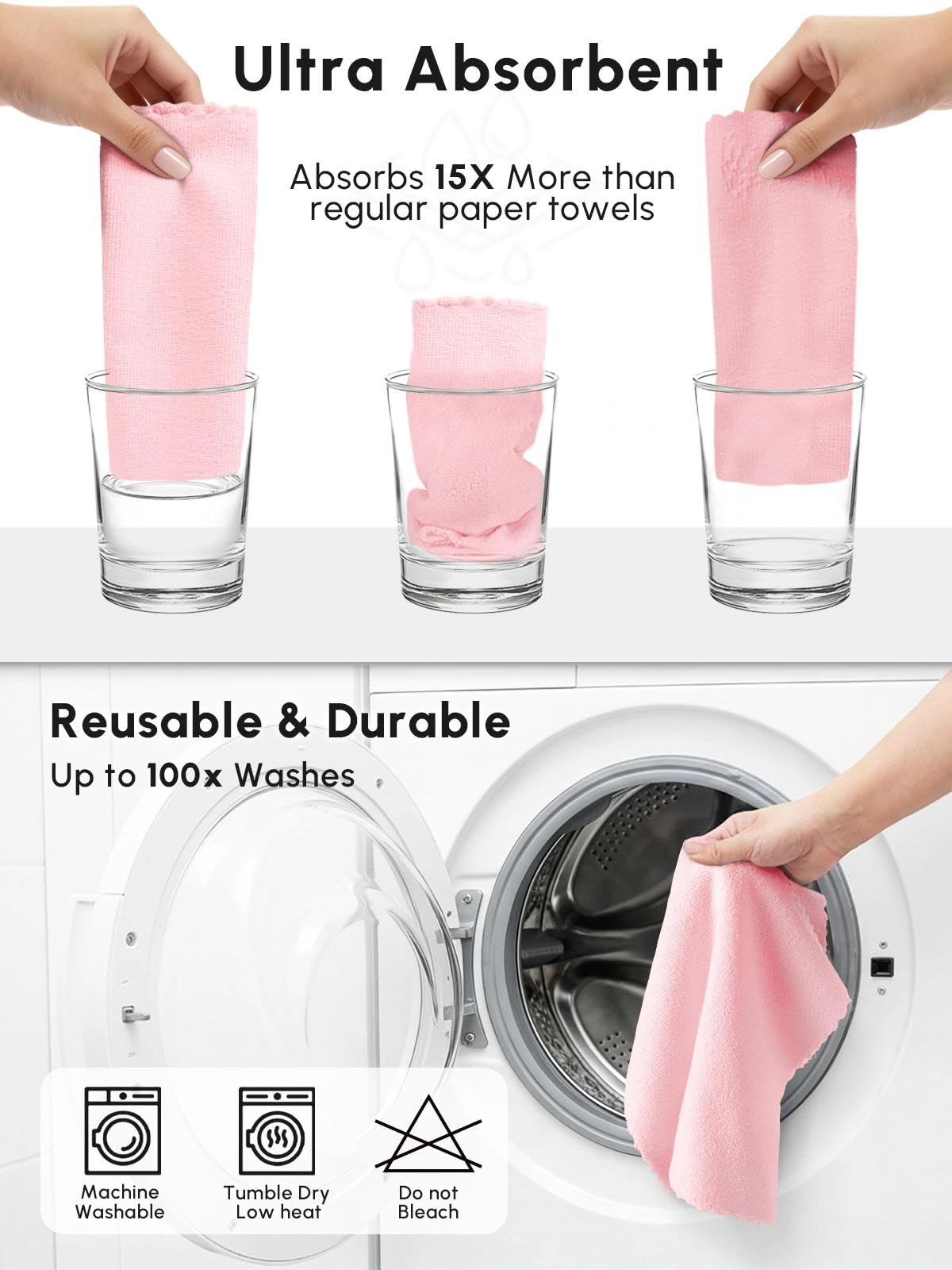 SOOWASH Microfiber Cleaning Cloths Roll, 75 Pack Tear Away Microfiber Towels Roll, 12" x 12" Lint Free Rags, Reusable Cleaning Cloths, Washable, Scratch Free,Ultra Absorbent Dish Rags(Pink)