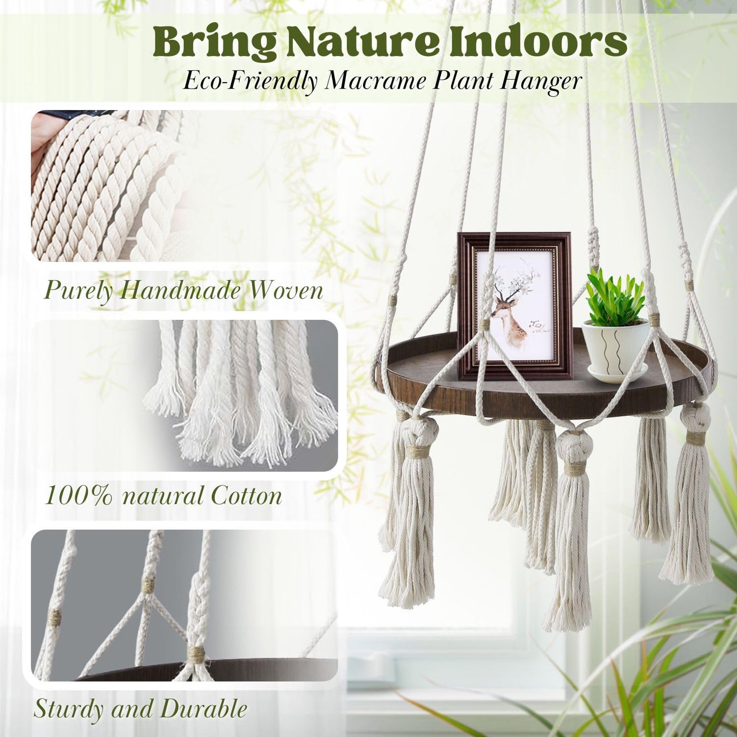 Flexzion Plant Hanger Boho Hanging Plant Shelf Macrame Plant Holder with Wood Flower Pot Shelf, C & S Ceiling Hooks Hand Woven Basket Bohemian Indoor Outdoor Home Decor for Living Room Bedroom, White