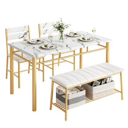 IRONCK Dining Table Set for 4, Kitchen Table with Upholstered Bench and 2 Chairs, Kitchen Table and Chairs Set for Small Space, Apartment, White & Gold