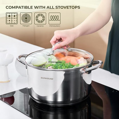 Sunhouse Stock Pot with Lid - 12 QT Large Pot for Cooking Pasta, Soup, Spaghetti - Impact Bonding Base Big Stainless Steel Pots for Canning, Boiling - Oven Safe & Induction Compatible Cookware