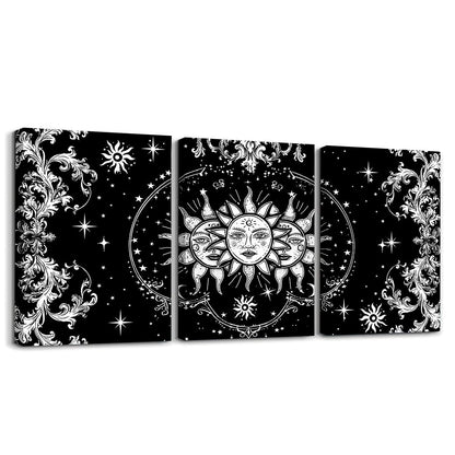 Sun And Moon Canvas Wall Art Set of 3 for Bedroom Living Room, Boho Exotic Style Paintings Wall Decor Black White Bohemian Mandala Print Wall Art Botanical Floral Decor Poster Prints