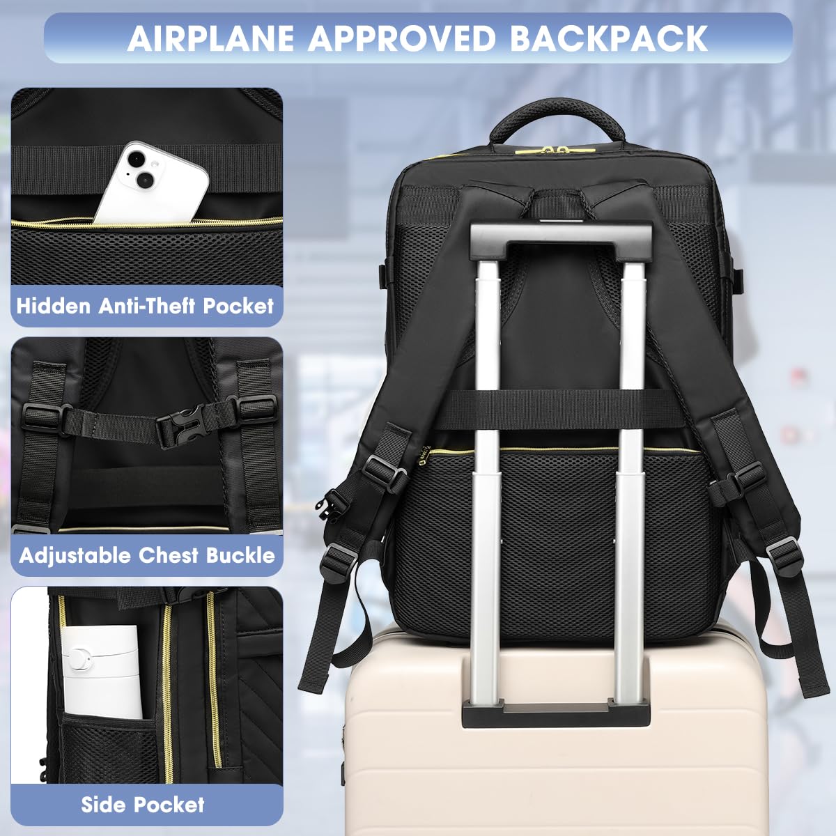 Large Carry On Travel Backpack - Flight Approved Waterproof Anti-Theft Luggage Daypack for Women Men Fit 17 Inch Laptop Business Weekender Overnight Backpack College Bag Personal Item Size Black